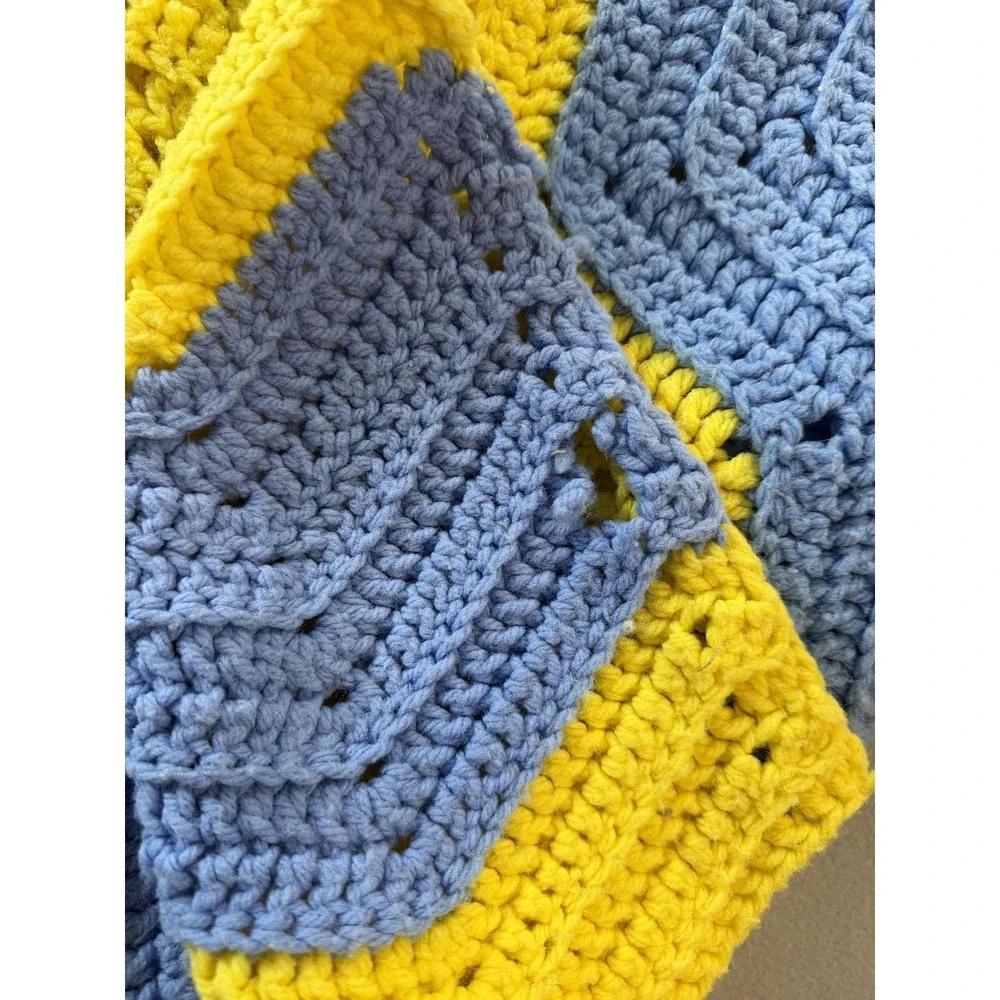 Handmade Chevron Throw Blanket 63x65 Yellow Gray Chunky Knit‎ Boho Afghan